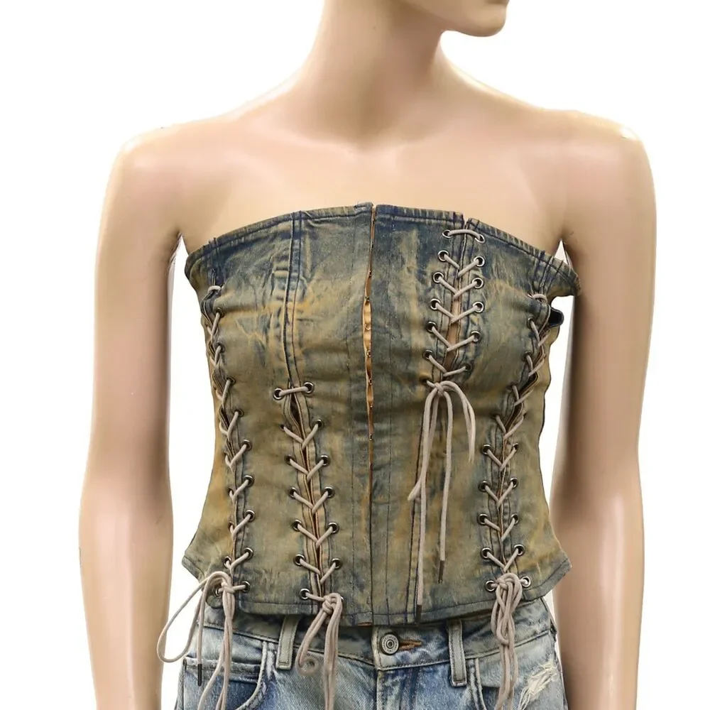 Urban Outfitters UO Leila Denim Lace-Up Tube Blouse Top Cropped Blue XS 289828